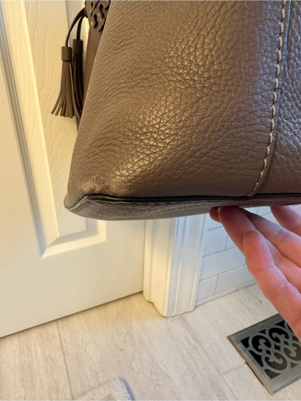 Tory Burch French Gray Pebbled Leather Tote with Tassel Accents - Picture 5 of 9